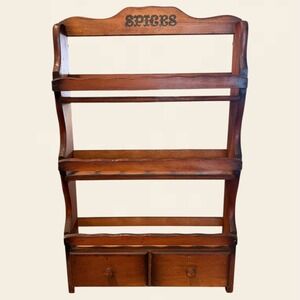 Vintage Wooden Spice Rack 3 Tier Wall Mount Countertop 2 Drawers Rustic Brown